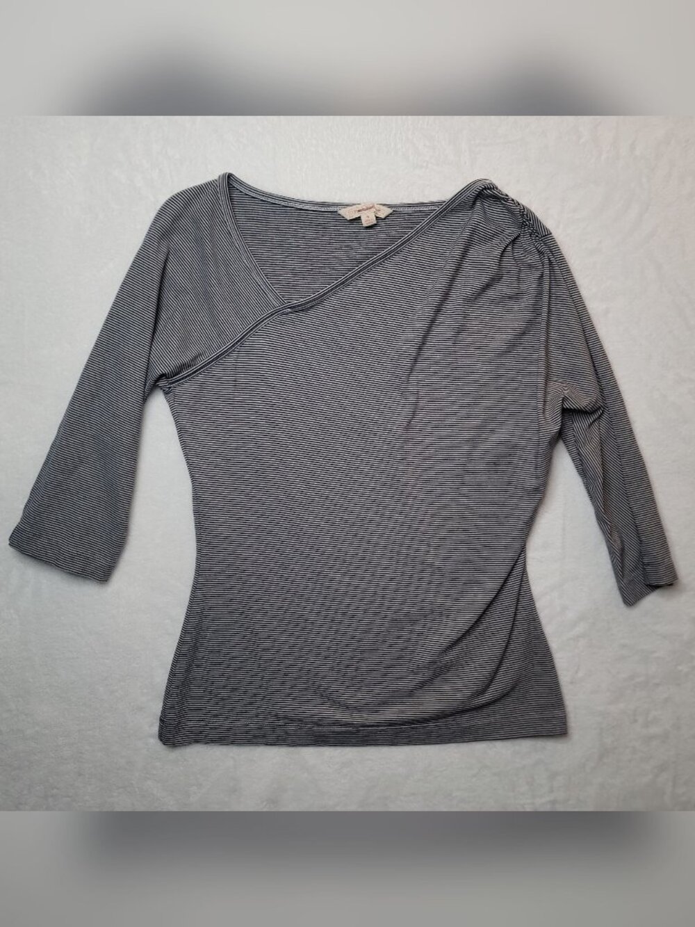 Brooks Brothers Womens Asymmetrical Striped Blouse 3/4 Sleeve Sz S Navy & White
